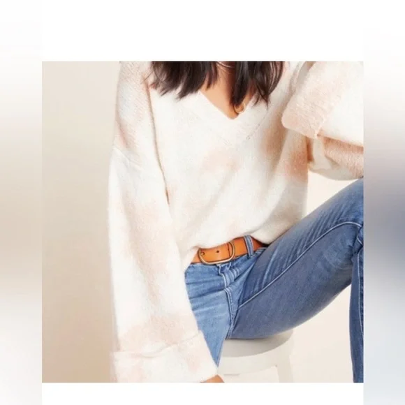 Anthropologie Women’s Cream/Peach Oversized Bell Sleeve Knit V Neck Sweater XL - Picture 2 of 8